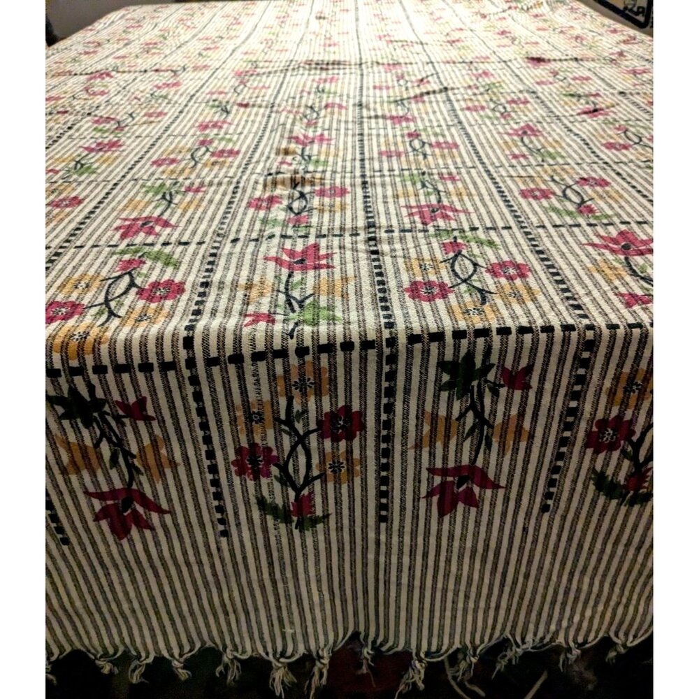 Vtg. Floral Striped Cotton Tablecloth/ Bed Cover Tassel Edges Stylized Fall Colo